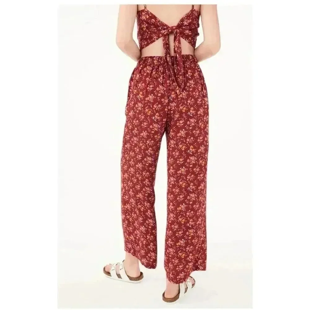 Floral Red Crop Top & High Waisted Pants Set Boho Festival Aeropostale Size M